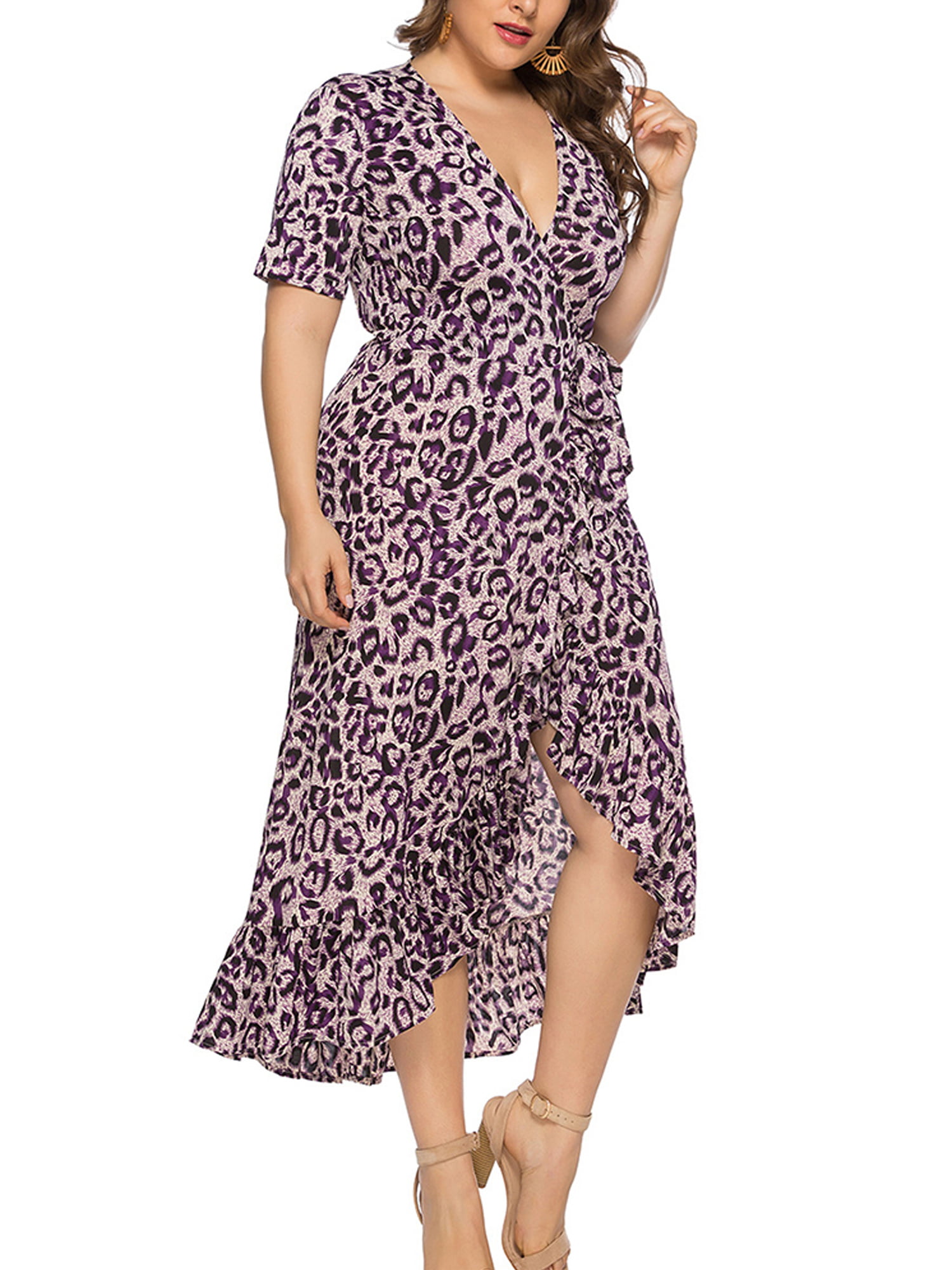 RELA RELA Women Summer Mini Dress Leopard Print Frill Wrap Dress Long Sleeves Floral Ruffles Party Dress