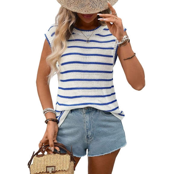 Striped Sweater Vest Women Spring Summer Crewneck Knit Shirts Dressy Beach Cute Crochet Tank Tops Blue L
