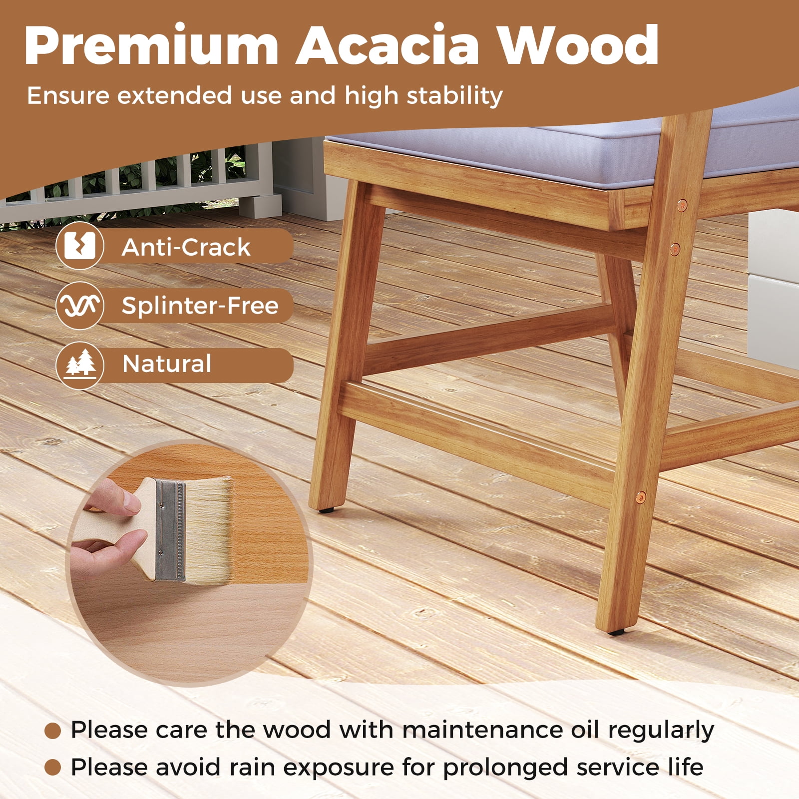 Costway Patio Chairs Set of 4 Outdoor Acacia Wood Dining Chairs with Cushions for Garden