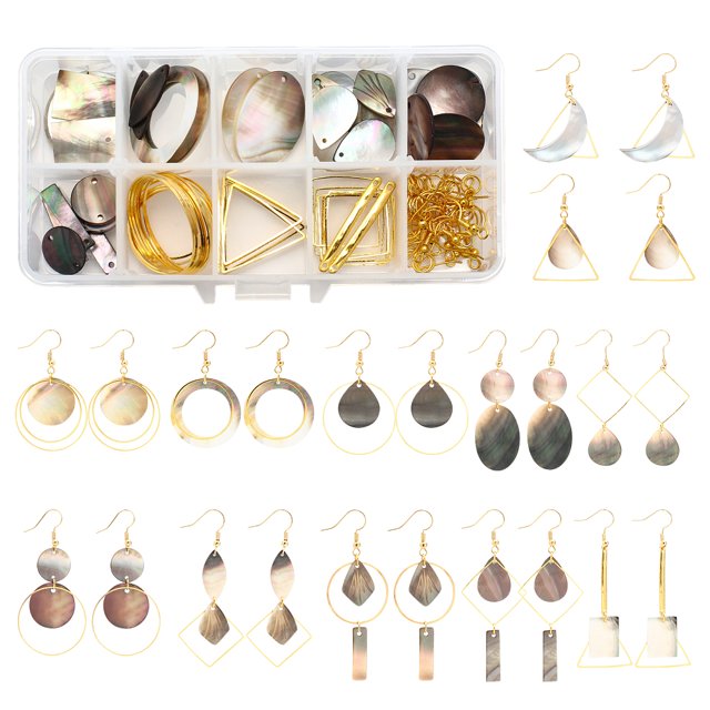 DIY Geometry Theme Earring Making Kits Including Natural Black Lip Shell Pendants Brass Linking Rings & Earring Hooks Alloy Bar Links Connectors Golden