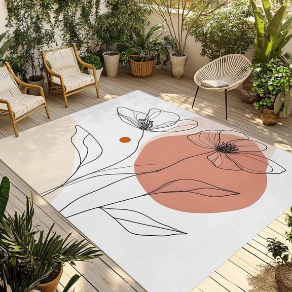 Fsddascl Boho Floral Outdoor Rug for Patio/Deck/Porch, Non-Slip Large Area Rug 4 x 6 Ft, Nordic Contemporary Minimalist Clean-lined Indoor Outdoor Rugs Washable Area Rugs, Camping Rug Carpet