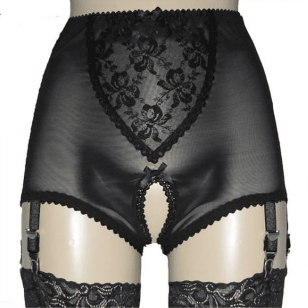 Liga Europa y Estados Unidos Retro Transparente Sexy Mujer Malla Encaje Pantalones Cortos Abiertos 6 garras Sling