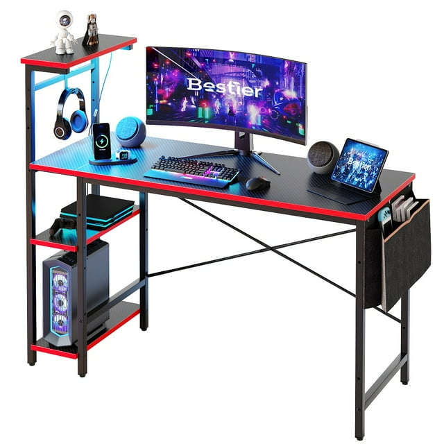 Bestier Bureau d'Ordinateur de Jeu de 52 Pouces avec Lumières DEL et Étagères, Bureau d'Angle Réversible pour Adultes