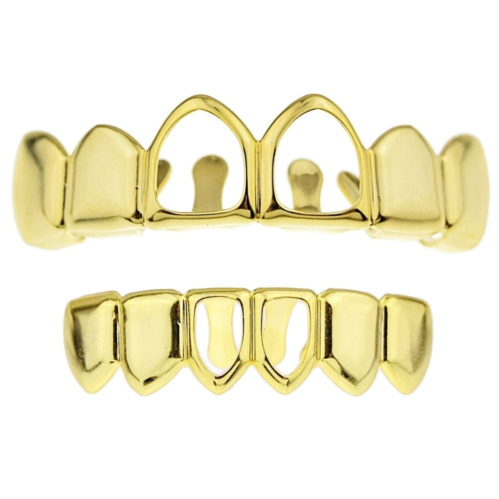 Best Grillz 14k Gold Plated Grillz Set Two 2 Open Face Upper Top And Bottom Lower Teeth Hollow Hip Hop Grills Walmart Com Walmart Com