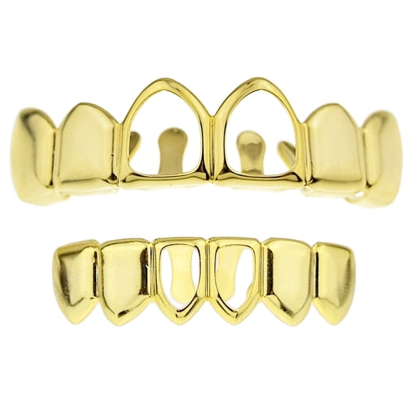 14K Gold Plated Grillz Set Two 2 Open Face Upper Top And Bottom Lower Teeth Hollow Hip Hop Grills