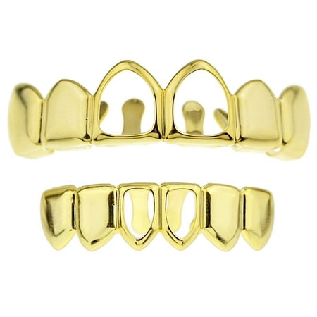 14K Gold Plated Grillz Set Two 2 Open Face Upper Top And Bottom Lower Teeth Hollow Hip Hop