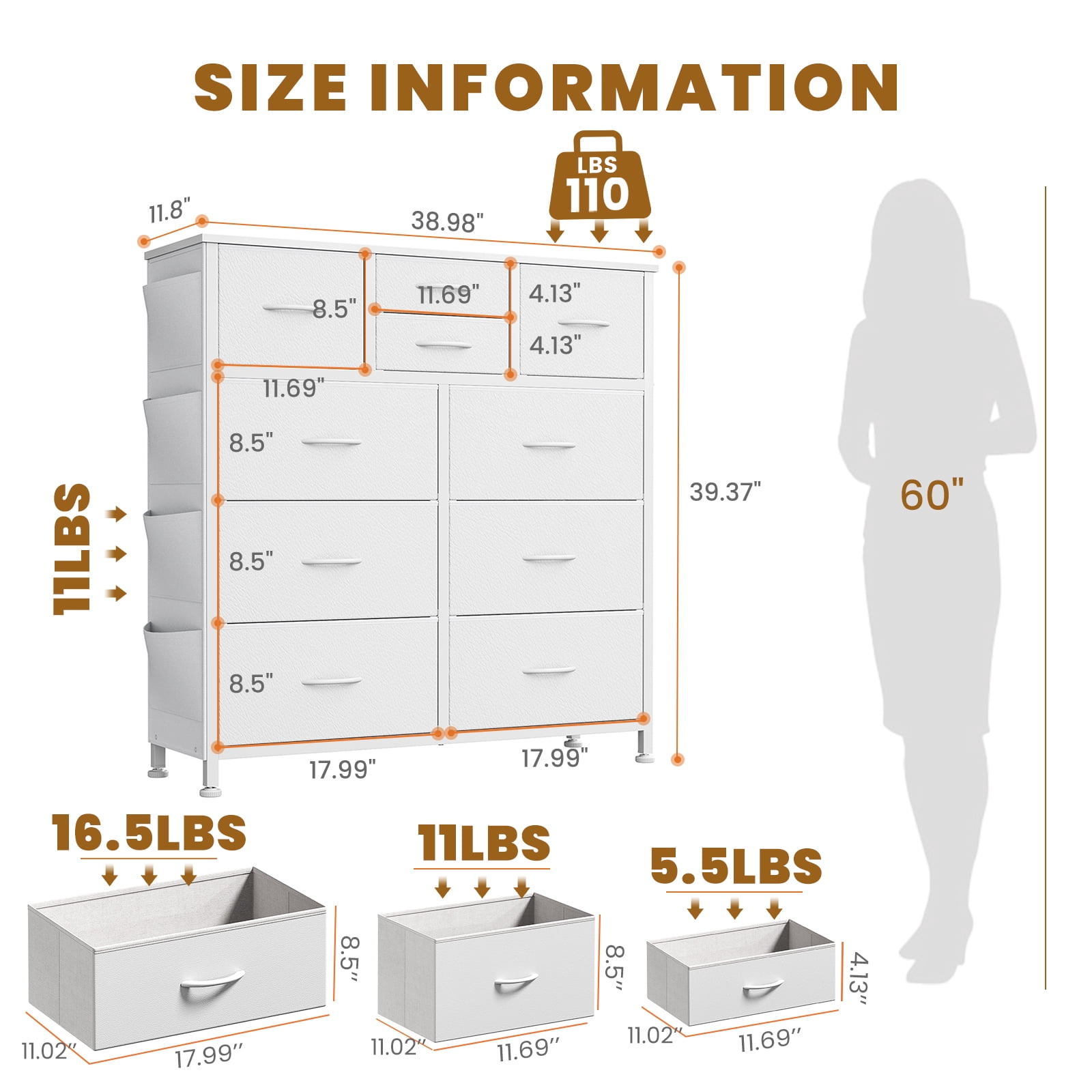 CONCETTA Dresser Storage with 10 Drawers,Storage Organizer for Closet, Wood Top for Bedroom, Living Room, White