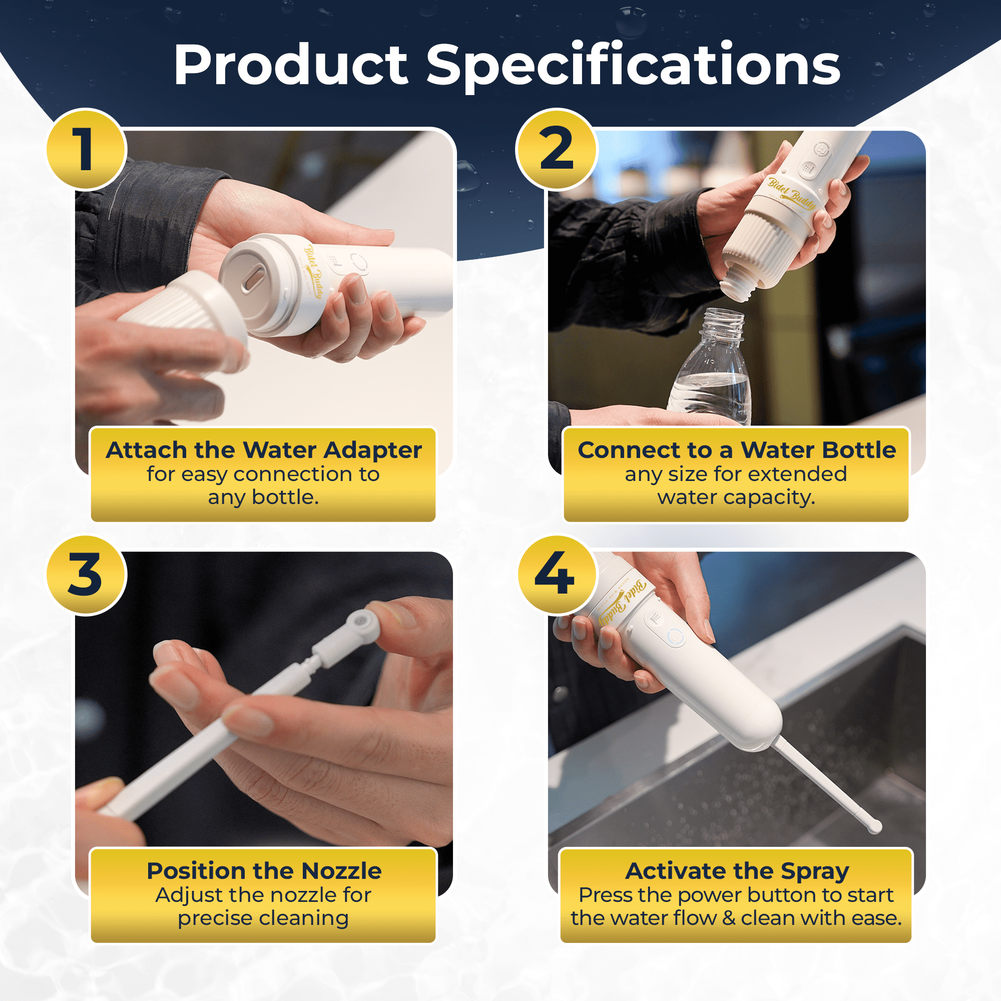 BIDET BUDDY® GoFlow Portable Bidet for Travel | 280ml/min Flow | 800mAh Battery | 180ML Bottle | IPX7 Waterproof | USB-C Charging | Pocket-Sized & Flexible with Medium Pressure