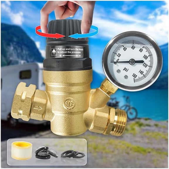 RV Water Pressure Regulator with Adjustable Handle, Lead-Free Brass Water Pressure Regulator for RV Camper with Pressure Gauge and Inlet Screen Filter for Reliable Water Flow