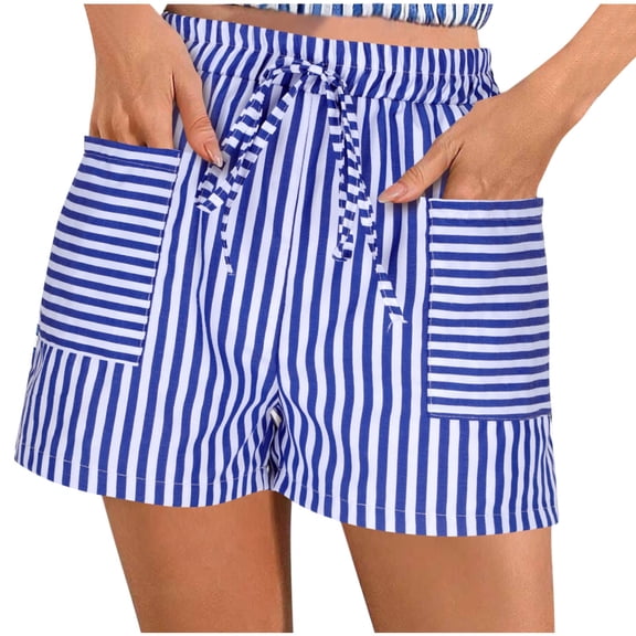 BRGZLK Womens Boxer Shorts Clearance Summer Trendy Striped Printed Casual Drawstring Mid Waist Shorts with Pocket Blue XXL