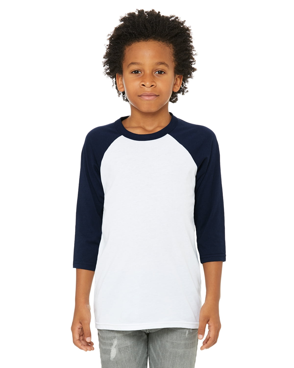 The Bella + Canvas Youth 3/4-Sleeve Baseball T-Shirt - WHITE/ NAVY - L ...