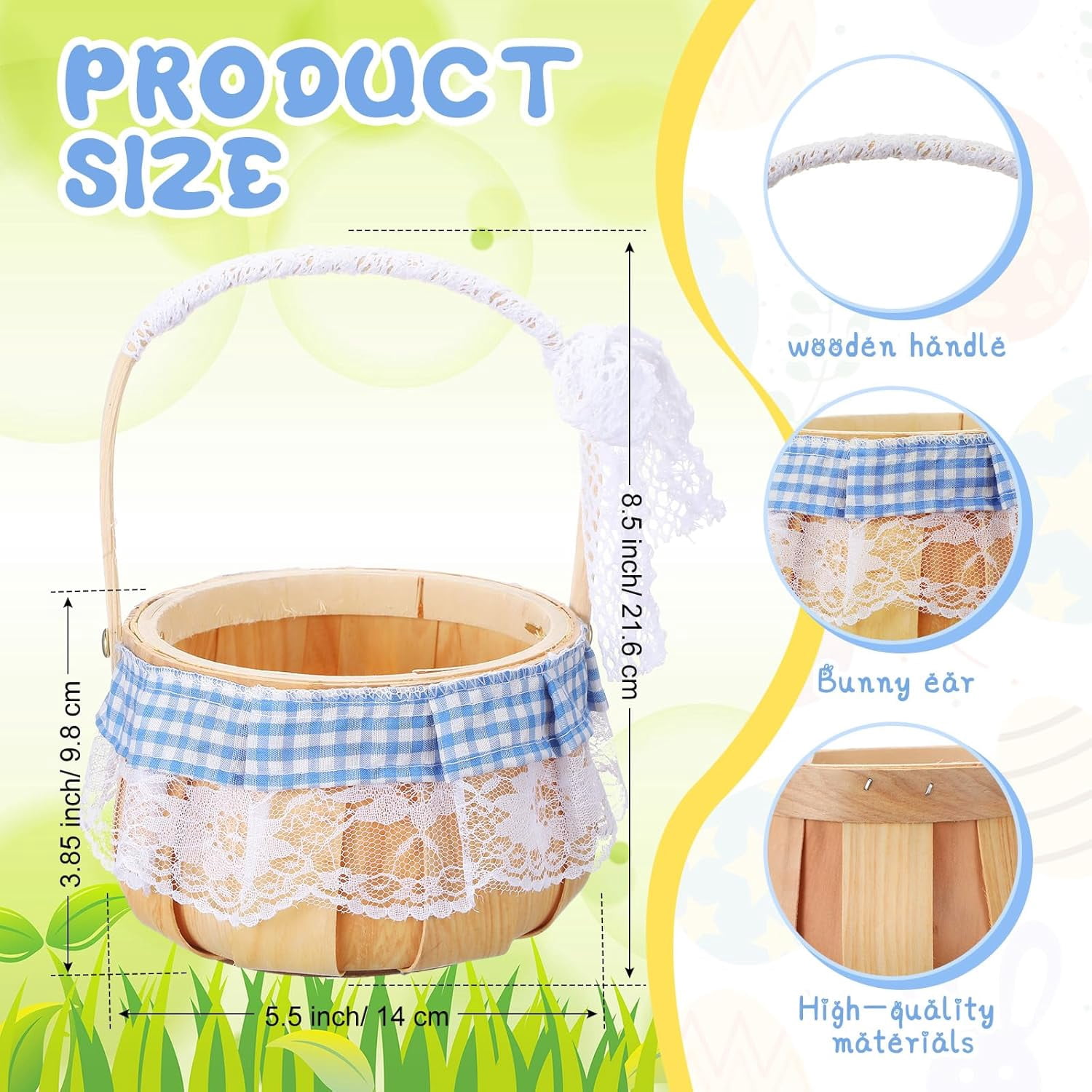 Easter Bunny Basket with Handle Small Rabbit Ears Picnic Basket Empty for Easter Eggs Hunt, Candy Storage, Outdoor Camping, Birthday, Halloween Costume(Blue and White,Round Style)