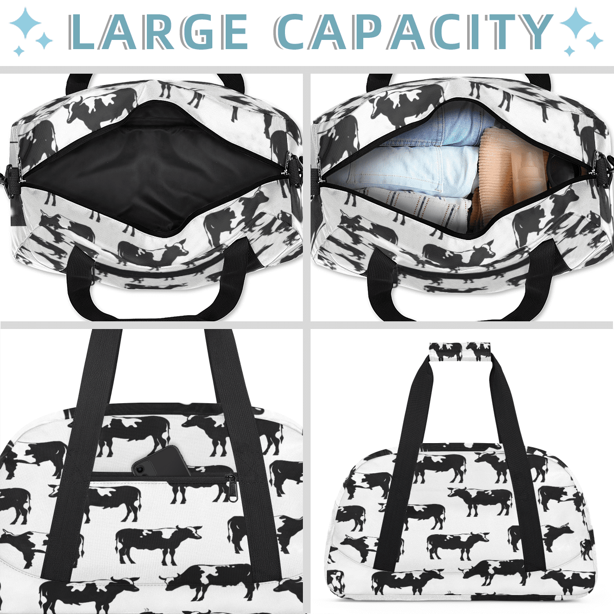 Herdesigns Cute Cow Sports Duffle Bag for Women & Men, Gym Bag Dance Bag Overnight Bag Carry On Weekender Travel Bag