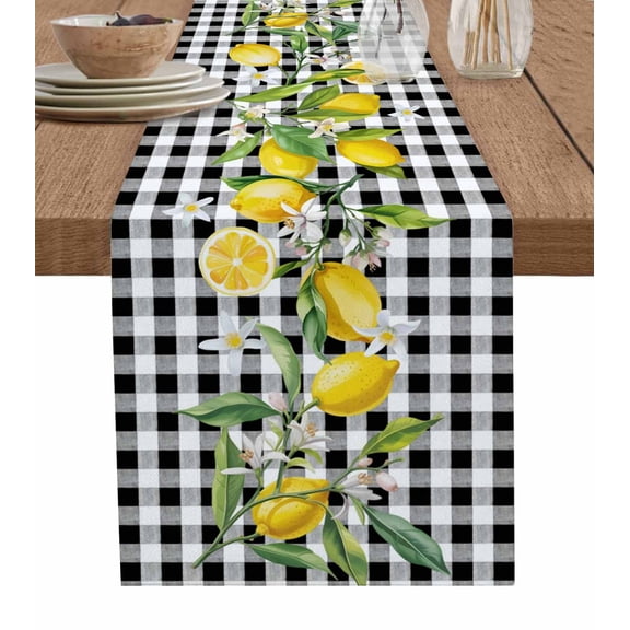 Lemon Table Runner 72 Inches, Farmhouse Summer Botanical Fruit Black White Plaid Bed Runner Dresser Scarves Tabletop for Indoor Outdoor Parties/Ceremony/Banquet, 13" x 72"