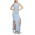 thumbnail image 3 of KelaJuan Women Summer 2 Pieces Outfits Solid Color Crew Neck Sleeveless Tank Tops Ruffles Slit Long Skirts Set, 3 of 7