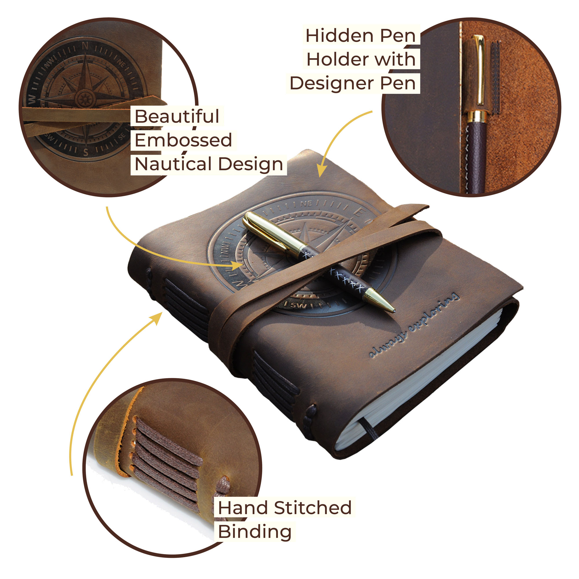 Leather Bound Journal for Men and Women, Handmade Gift Set with Nautical Compass Embossed Journal and Stylish Pen, Vintage and Classic, Notebook, Sketchbook, Planner and Diary (300 Pages) (8x6")