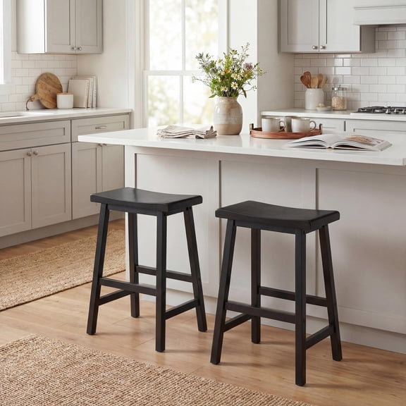 ELLEGNT 2 PCS Solid Wood Saddle Bar Stools - Backless with Footrests, Wooden Counter Stools Black