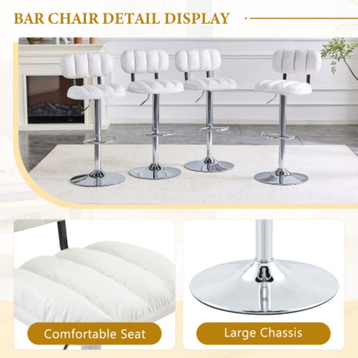 Set of 2 Adjustable Bar Stools, White PU Leather Upholstered Counter Height Chairs with Chrome Base & Footrest for Kitchen Island & Home Bar. White & Silver