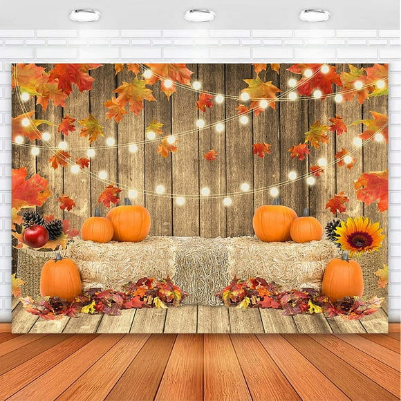 Avezano Toile de Fond Automne Tanksgiving Photogrpahy Rustique Citrouille Sol en Bois Fond de Récolte Feuilles d'Érable Décoration de Baby Shower Accessoires de Cabine Photo (8x6ft)