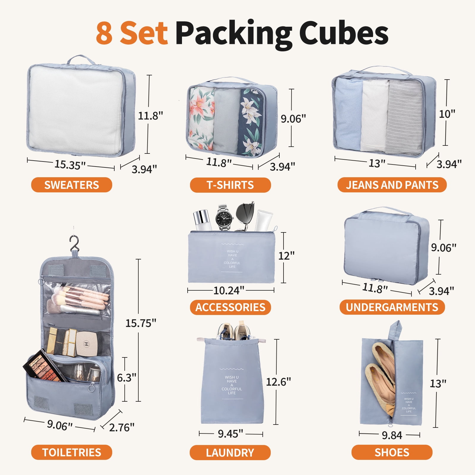 Zimtown 5-Piece Luggage Set with 8 Packing Cubes, Hard Shell Suitcase Set with Spinner Wheels Built-in TSA Lock, Orange