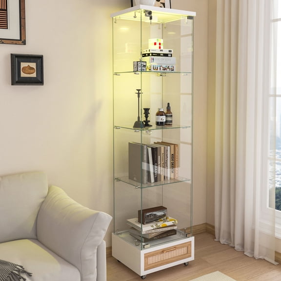 65" Tall Display Cabinet with LED Lights,Remote Control and Drawer,1 Door Curio Cabinet with 4 Shelves and Wheels,Tempered Glass Bookshelf for Living Room,Bedroom,Quick Assembly,Natural and White
