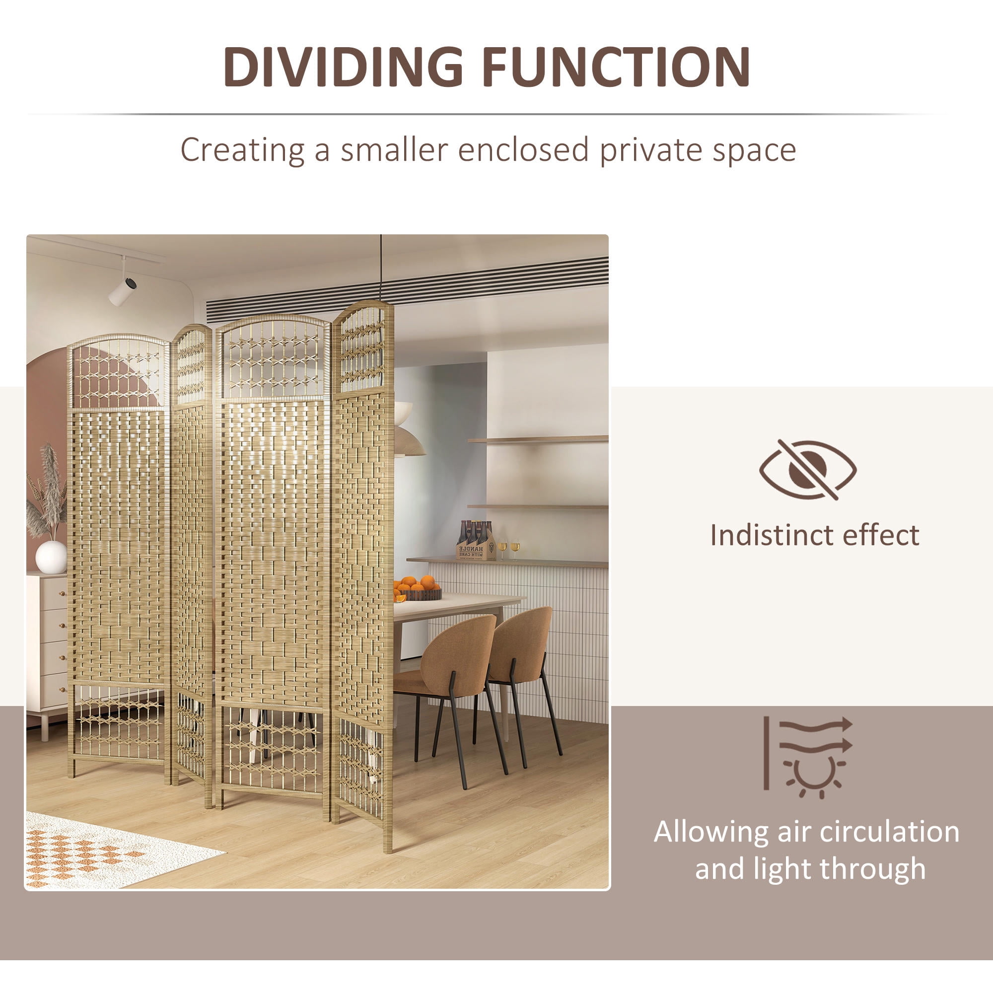 Room Divider 4 Panel Folding Privacy Screen 67" Tall, Wave Fiber Woven Partition with Arched Top for Home Office Bedroom, Natural Wood Tone