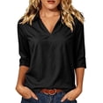 thumbnail image 3 of VBVC Women's Cotton Collared V Neck Blouse, Ladies' 3/4 Sleeve Rolled Cuff Shirt, Casual Loose Fit Work Office Top For Women,Black,S-3XL, 3 of 8