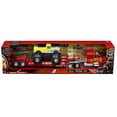 thumbnail image 5 of Peterbilt 379 Truck with Lowboy Trailer Red w/Orange Flames and Monster Truck Yellow w/Blue Flames 1/32 Diecast Model by New Ray, 5 of 6