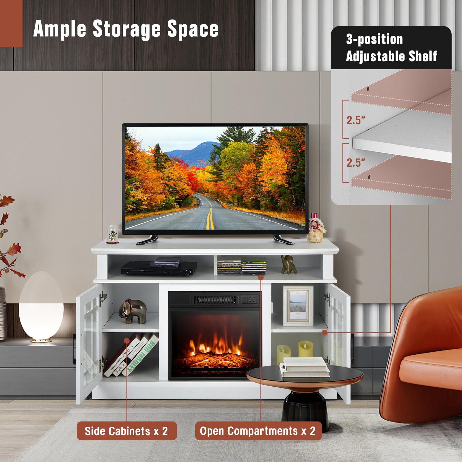 Giantex 48" Wooden TV Stand w/Fireplace, Electric Fireplace TV Cabinet, Farmhouse Media Entertainment Center Console Table, White