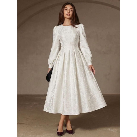 White Jacquard Fabric Round Neck Long Sleeve Fit & Flare Midi Dress With Waist Pleats For Women