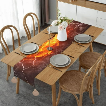 

Basketball Ball On Fire And Water Table Runner Imitation Linen Table Runner With Khaki Tassels For Party And Dining Room 14 x 60