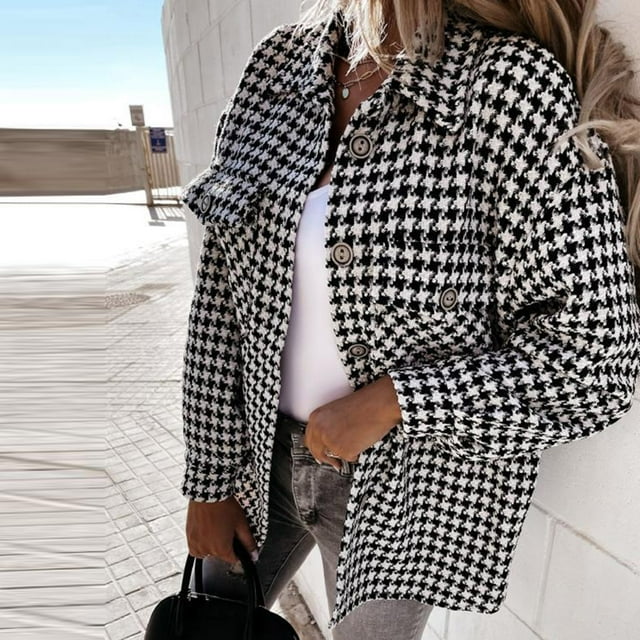 Puntoco mujeres otoño e invierno pata de gallo estampado manga larga cuello vuelto traje cárdigan abrigo de lana tops liquidación Puntoco Puntoco-2007