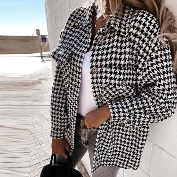 Mujeres otoño e invierno pata de gallo estampado manga larga cuello vuelto traje cárdigan abrigo de lana Tops Fridja po3201