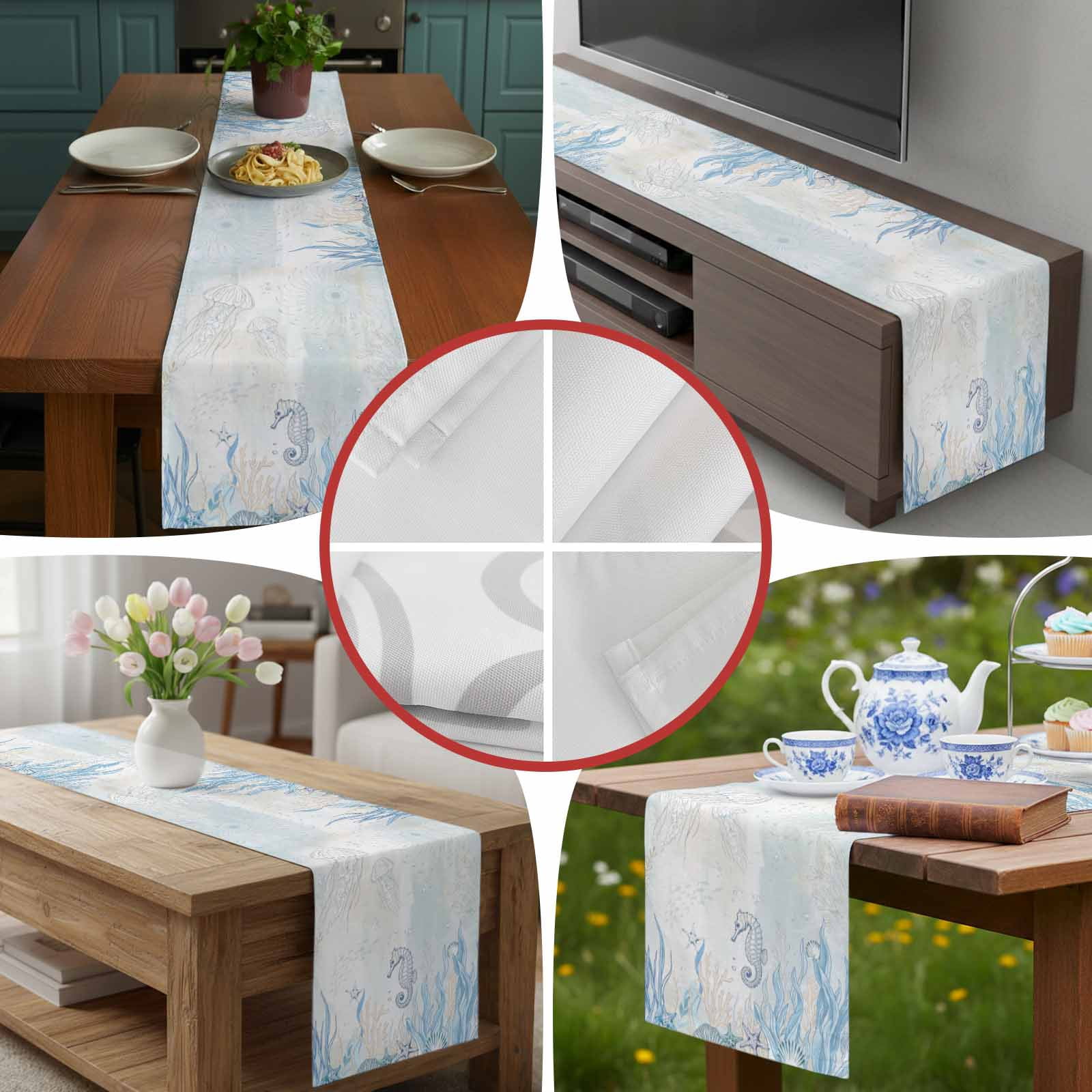 Burlap Table Runner 70 Inches Long, Sea Stars Jellyfish Non-Slip Kitchen Table Runners for Dining Room Everyday Use Party Table Decorations Marine Life on Retro Paper