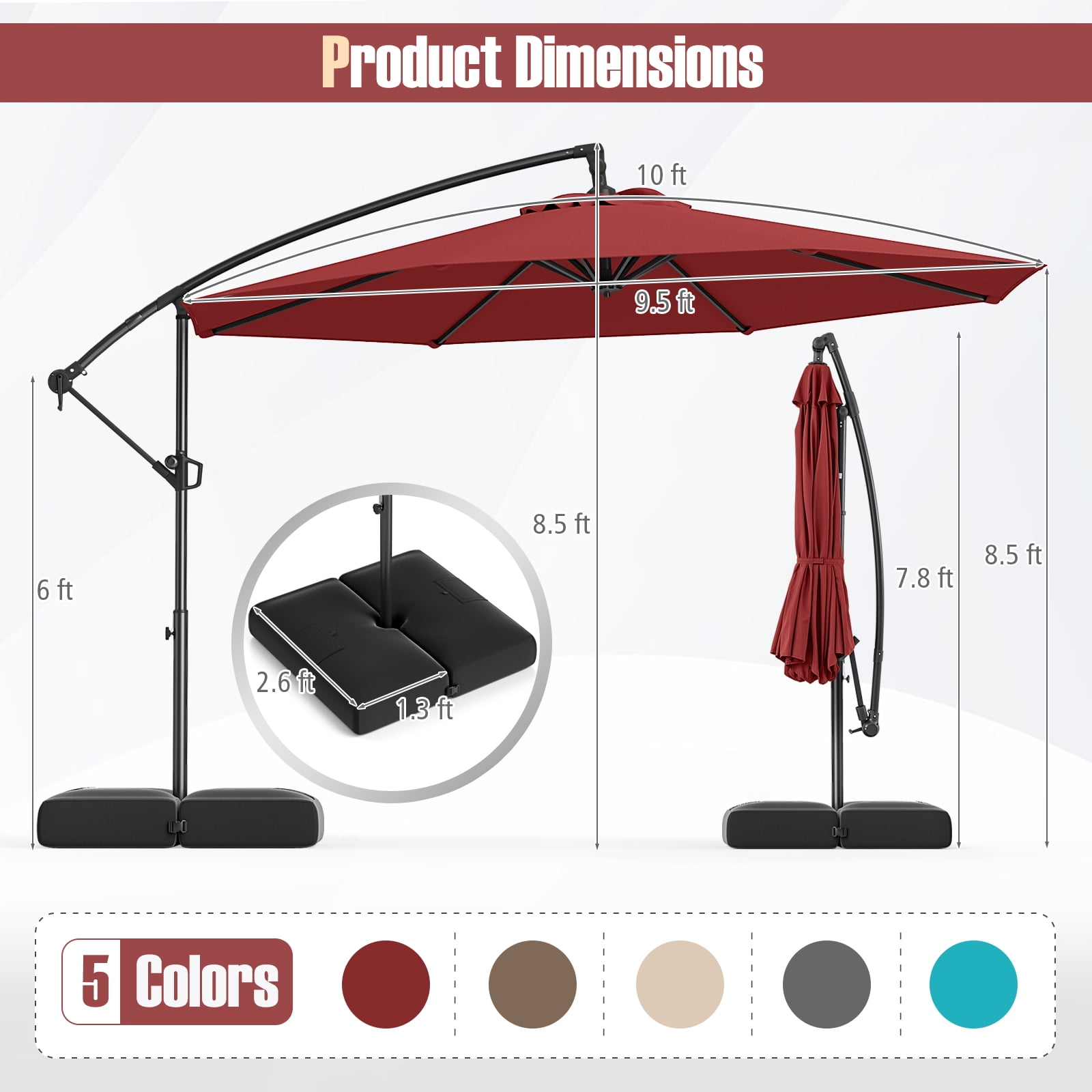Gymax 10 FT Offset Hanging Umbrella with Base Patio Cantilever Umbrella w/ Infinite Tilt Red