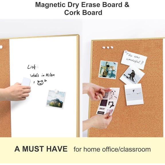 36"x24" Cork White Board Combo Gold Frame Magnetic Dry Erase & Bulletin Board | On Sale | Wall-Mounted Vision Board for Home Office School