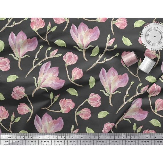 Soimoi Gray Rayon Fabric Leaves & Magnolia Floral Decor Fabric Printed Yard 42 Inch Wide