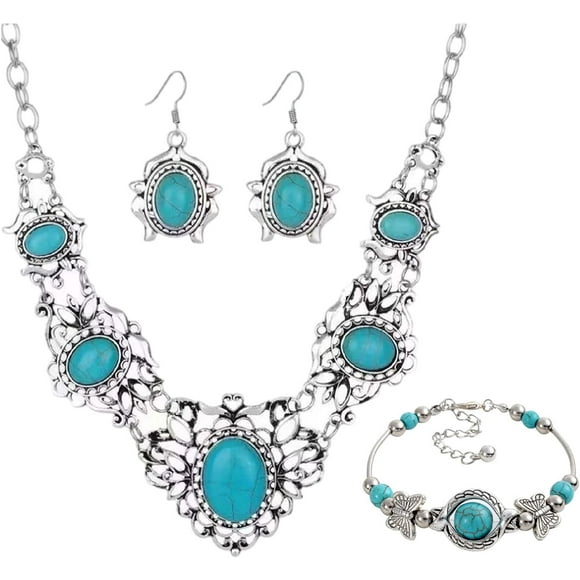 ORUYROP Bohemian Turquoise Jewelry Set Turquoise Necklace for Women Turquoise Dangle Earrings Indian Jewelry Sets