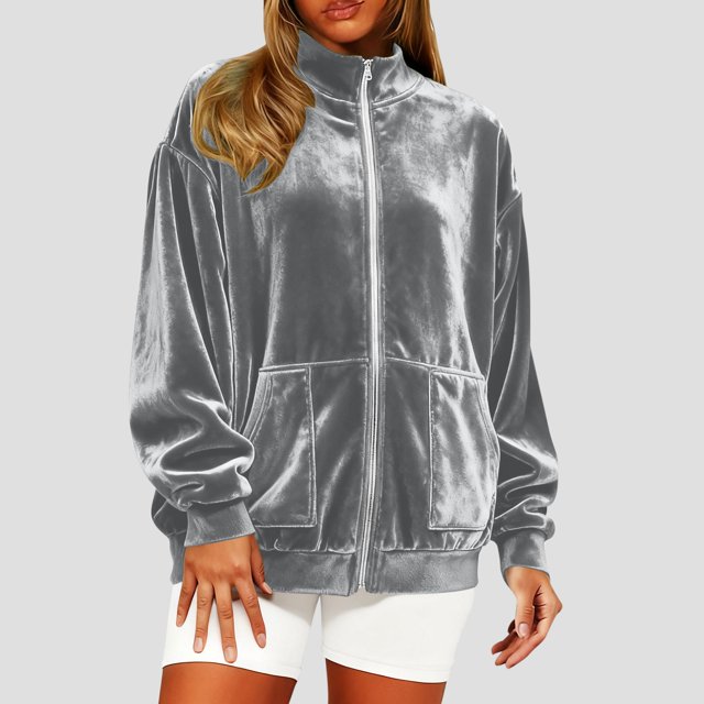 Karight Velvet Hooded Sweatshirt for Women Long Sleeve Full Zipper Outerwear Soft Warm Velour Jacket with Pockets