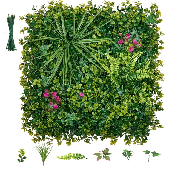 KFFKFF Artificial Plant Wall, 16PCS 20 x 20 in Faux Boxwood Panels, Greenery Privacy Hedge with UV Protection, Decorative Grass Wall for Weddings, Indoor and Outdoor Spaces