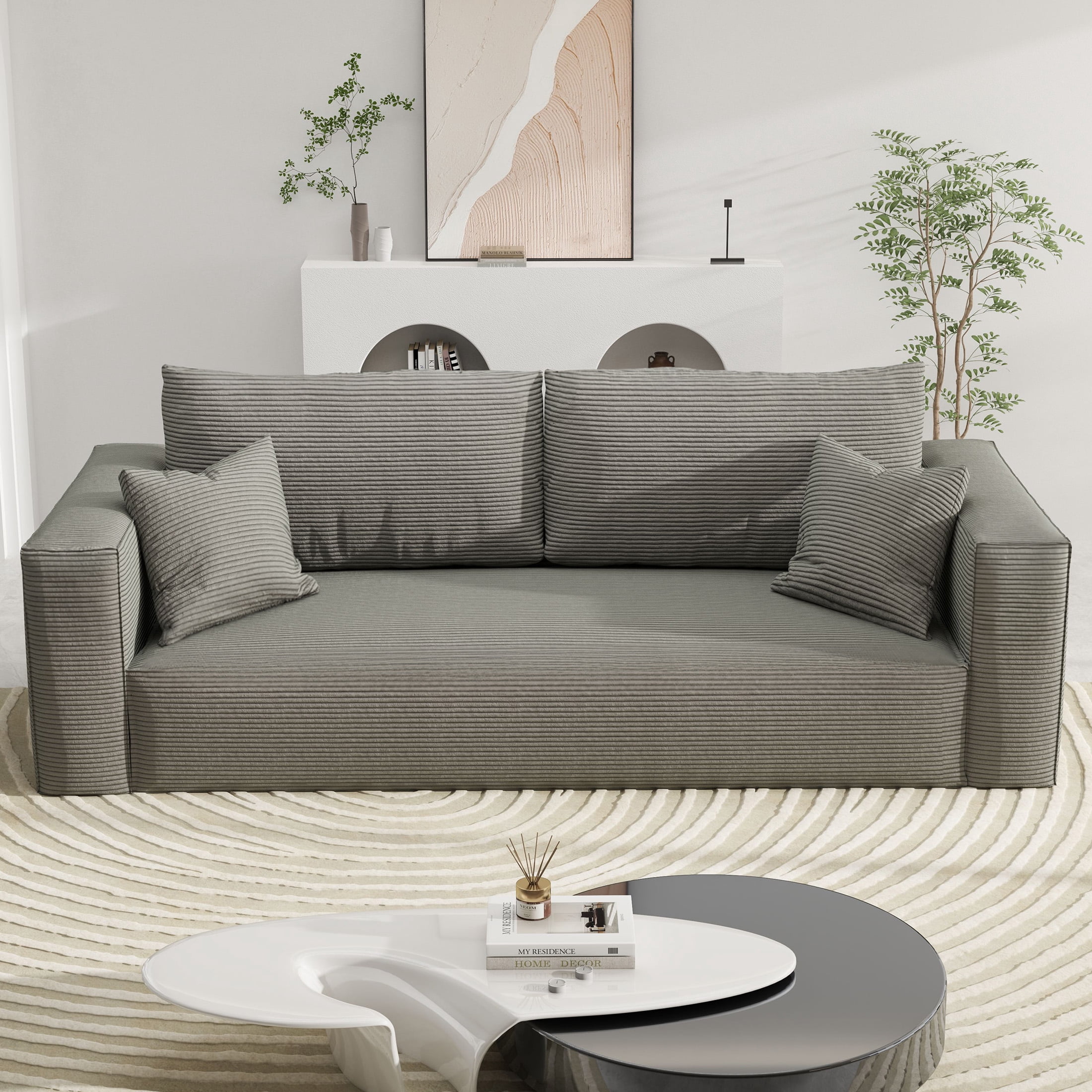 DEALTOPS 88" Loveseat Sofa, 3 Seater Pure Sponge Foam, Corduroy for Living Room, Easy Assembly，Gray