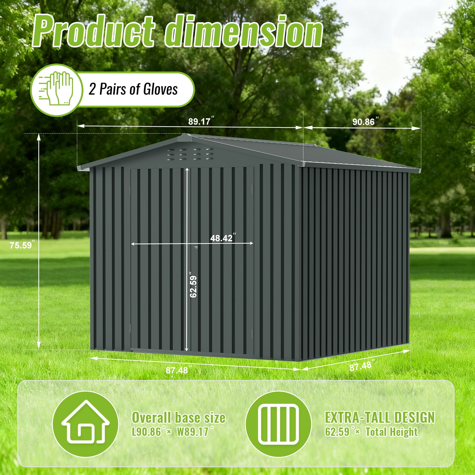 PABIMIA 8 x 8 ft Metal Outdoor Storage Shed with Lockable Double Doors, Sloped Roof and Air Vents, Black