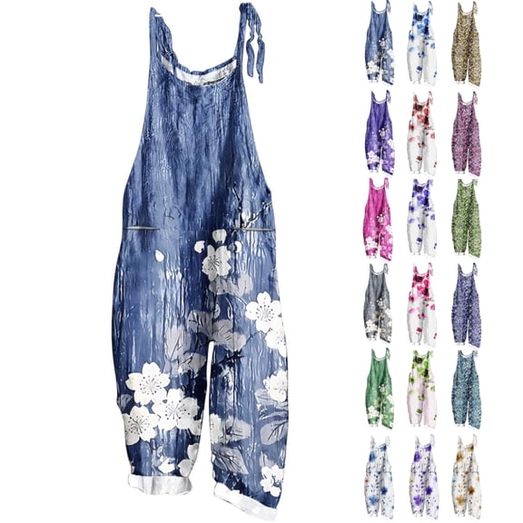 Kmdttou 2025 New Women Fashion Plus Size Print Sleeveless Two Pocket Casual Overalls Jumpsuit Jumpsuit Pants,S-5XL