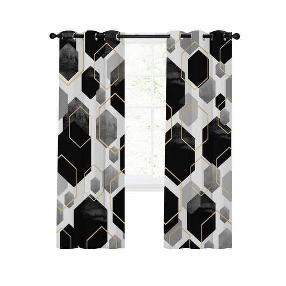 Black Grey Blackout Curtains 96 Inches Long for Bedroom, Geometric Gold White Hexagon Modern Thermal Insulated Room Darkening Black Out Window Curtain Panels Grommet Drapes for Living Room