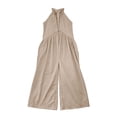 thumbnail image 7 of Women's Cotton Halter Deep V‑Neck Wide‑Leg Jumpsuit Sleeveless Loose‑Fit Casual One‑Piece Pants with Side Pockets Beige XXL(XXL), 7 of 7