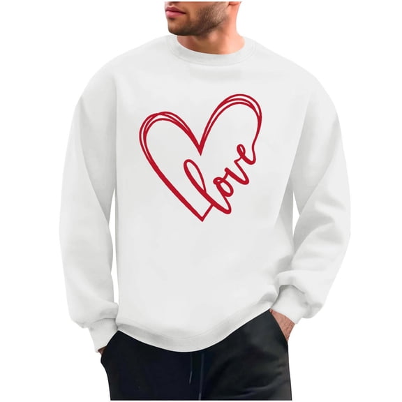 Betivan Men's Valentine's Day Heart Printed Casual Long Sleeve Round Neck Soft Fleece Base Layer Hoodie Daily Wear Top Red Men's Sweatshirts