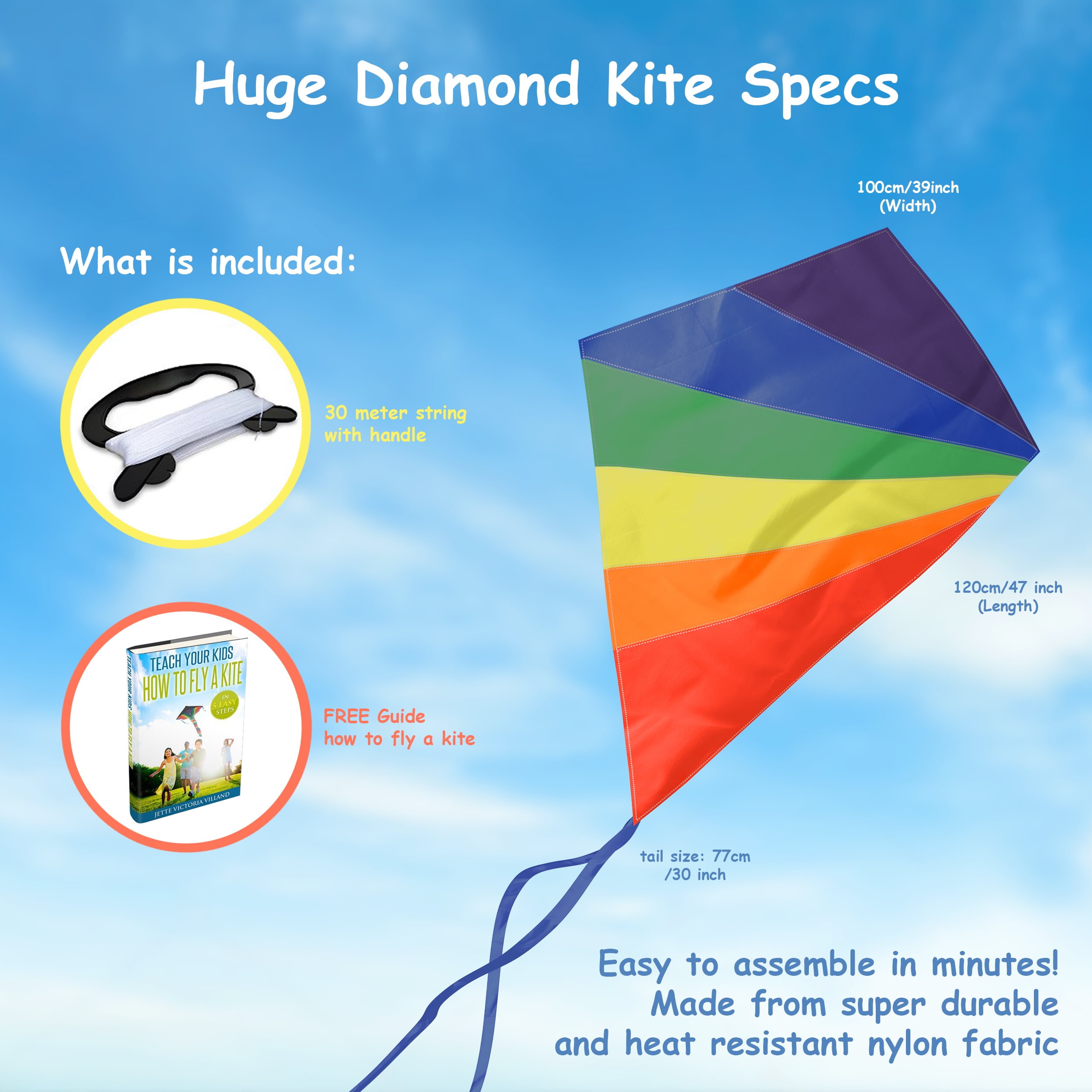 aGreatLife Diamond Kite Easy Flyer Large 47 Inch Rainbow Kite Best