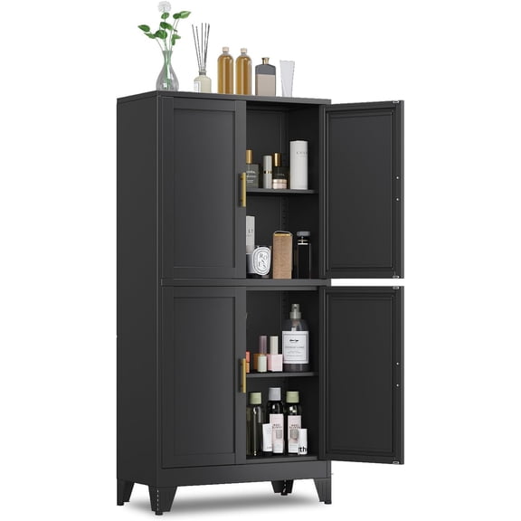 CZMDZH 47.25" Metal Storage Cabinet, Black Kitchen Food Storage with 4 Door and 2 Adjustable Shelves, Freestanding Bathroom Cabinet, Pantry for Kitchen Dinning Room, Cupboard
