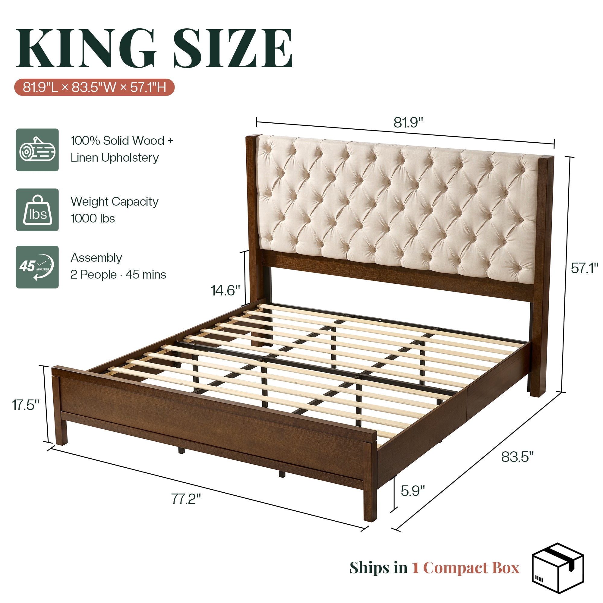 Merluxy Solid Wood King Size Bed Frame, 57" Tall Farmhouse Upholstered Line Wingback Headboard, Deep Button Tufted, Easy Assembly, Dark Walnut