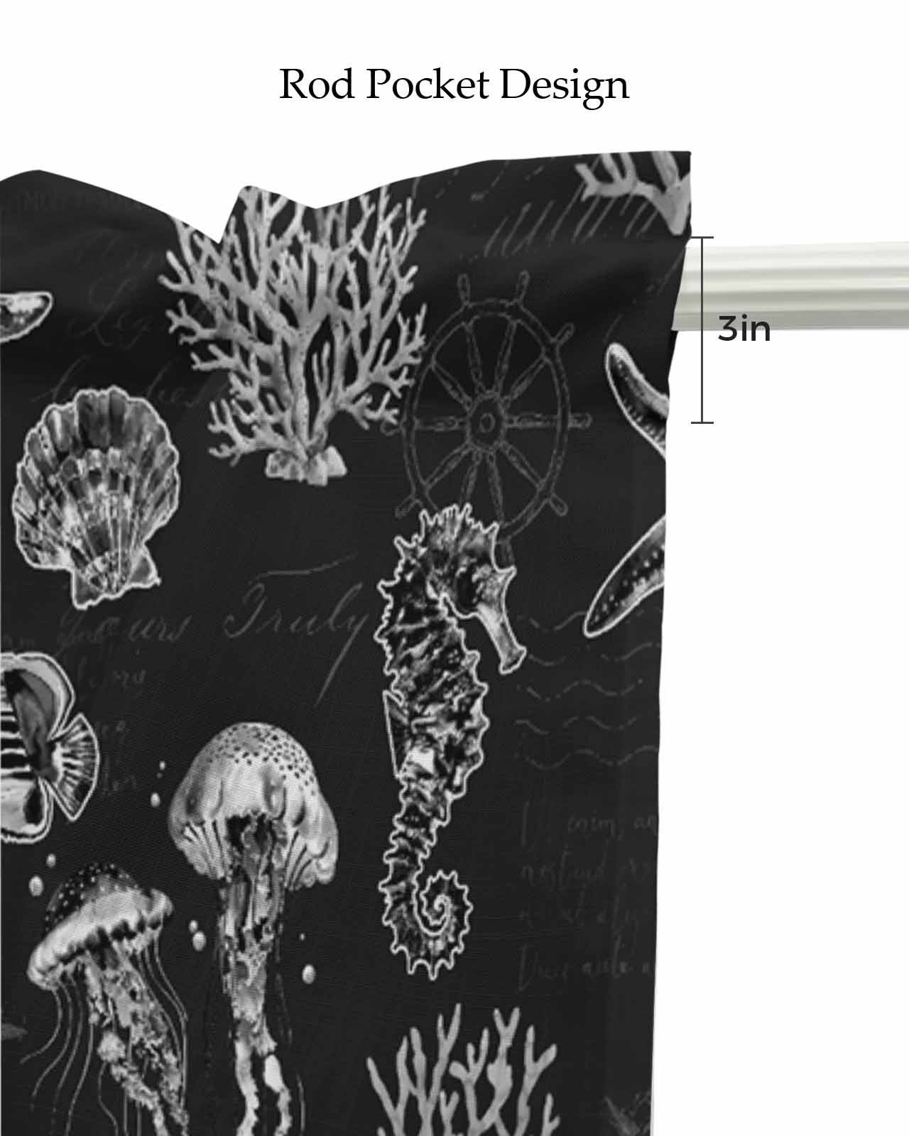 Black Coastal Kitchen Valances for Windows Farmhouse Linen Window Valance Curtain for Living Room Window Treatment Nautical Starfish Jellyfish Seahorse Valance Rod Pocket Topper Drape, 42 x 18 Inch